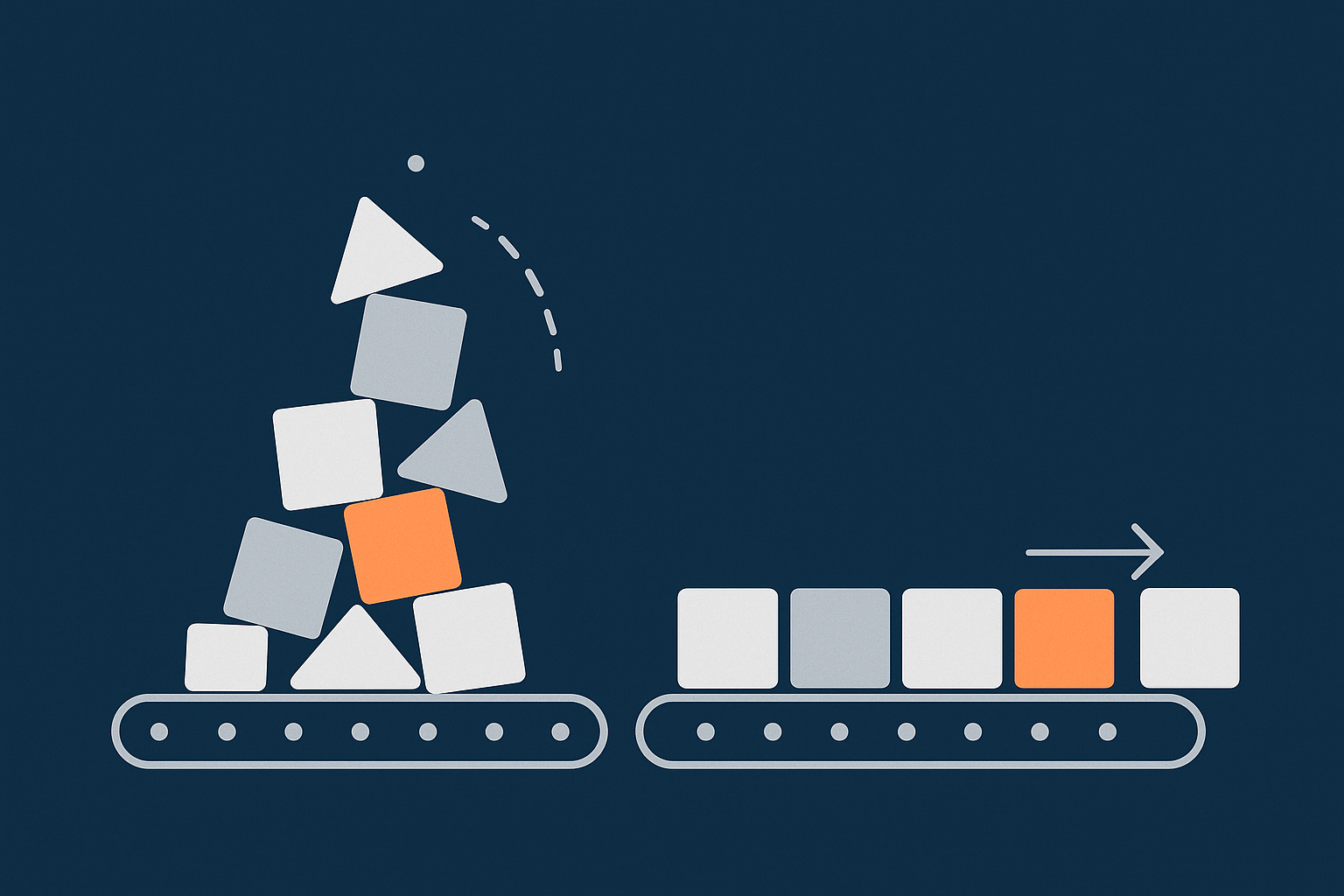 An abstract visual representing a queue of WooCommerce scheduled actions, with overdue tasks piling up when cron is broken and a smooth flow when cron is fixed.
