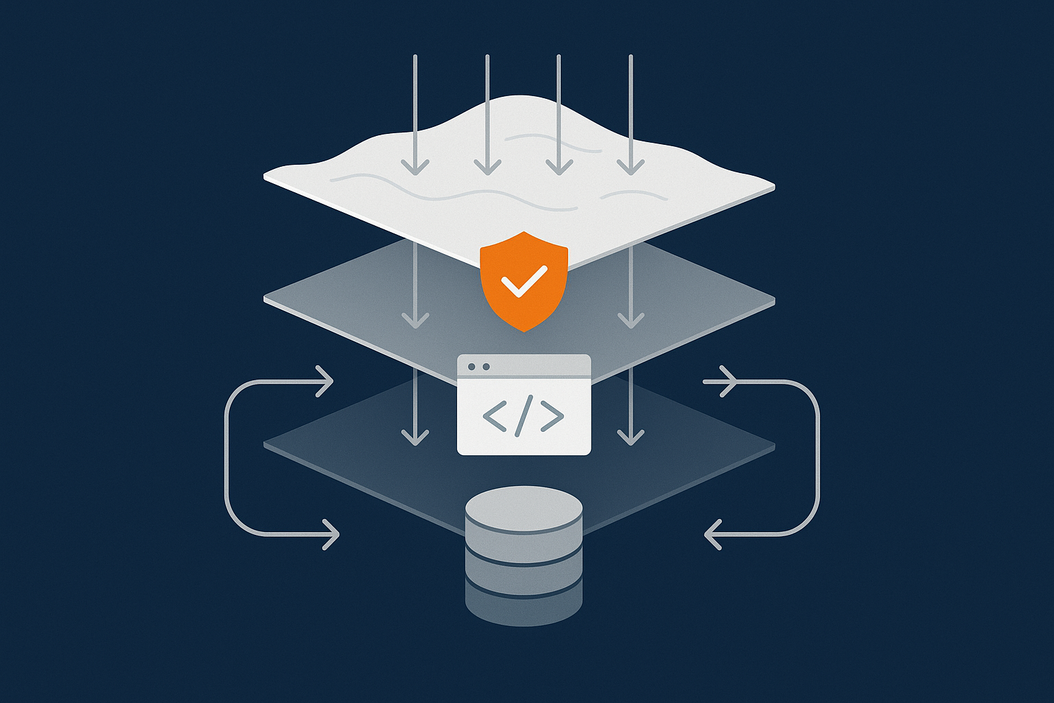 Layered diagram of a WordPress site showing visitors, bad bots filtered at the network edge, web server/PHP, and the database, to explain where hosting security features and bot protection sit.