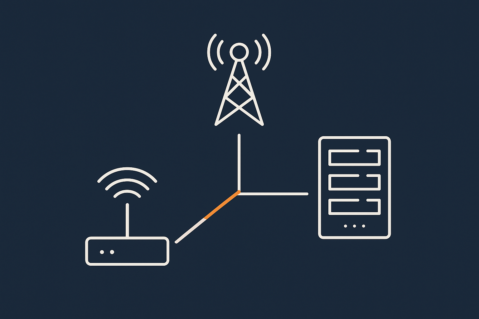 A home‑office style network diagram with router, Wi‑Fi, 4G/5G backup and the hosting data centre, to explain how different pieces affect WooCommerce performance.