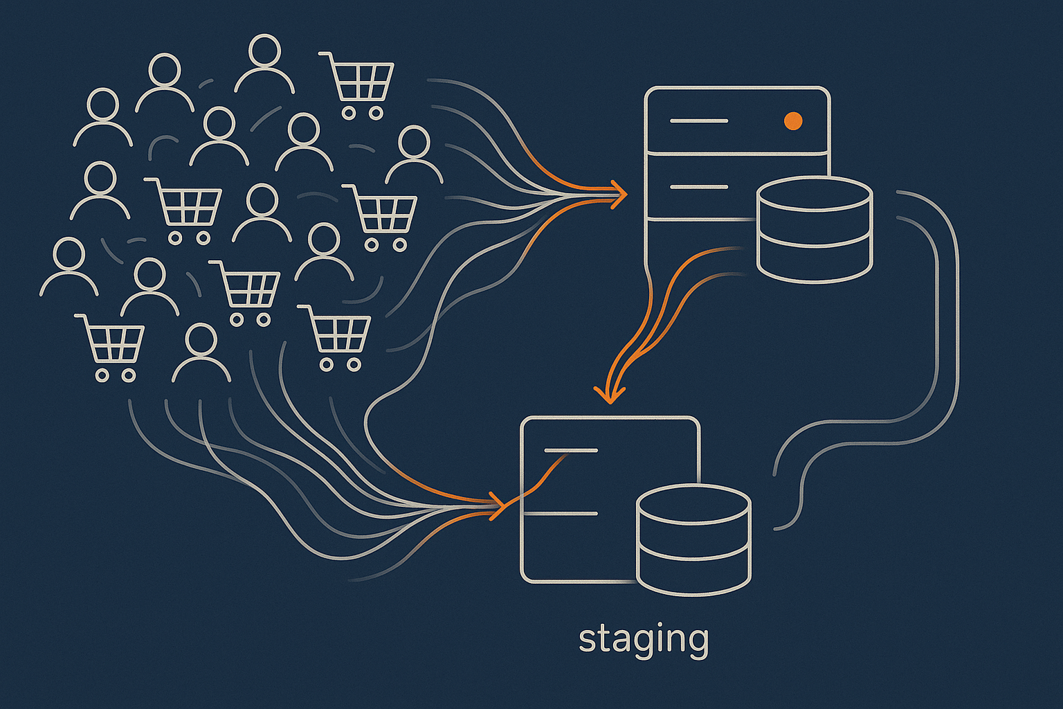 An abstract flow visual highlighting live orders and stock updates on the live store, contrasted with a frozen or isolated staging copy, to show why you cannot simply overwrite live databases.