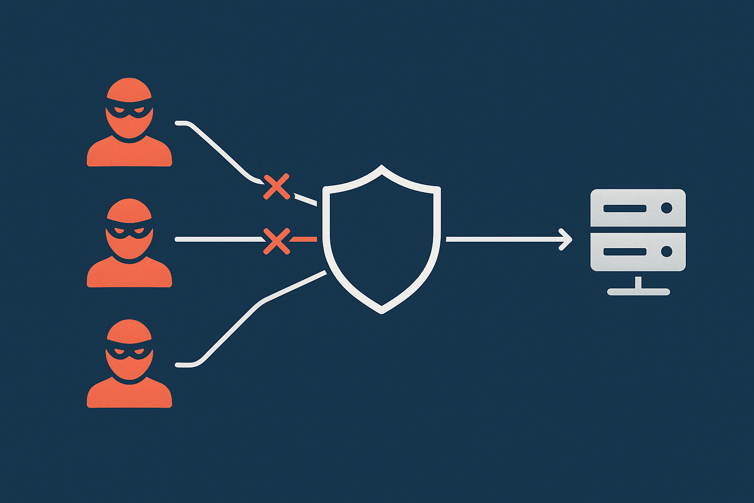 A flow diagram showing multiple hostile connections hitting the server, with Fail2ban identifying repeated failures and feeding blocks into the firewall before they reach SSH.