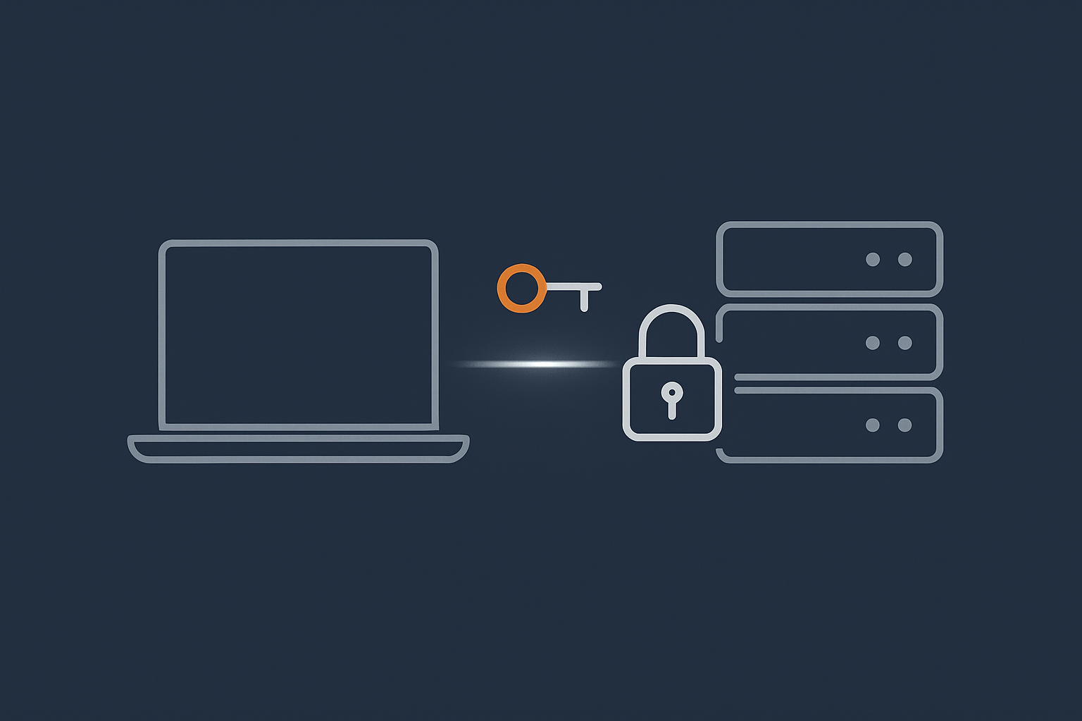 A simple diagram showing how an SSH client on a laptop connects securely to a Linux server using keys instead of a password, so readers can visualise where their key pair sits.