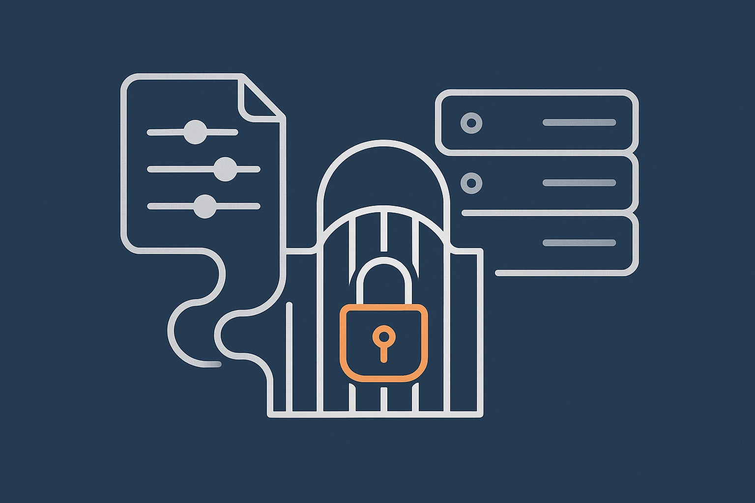 A visual representation of hardening sshd_config, with an abstract configuration file feeding into a secure gate that controls access to a server.