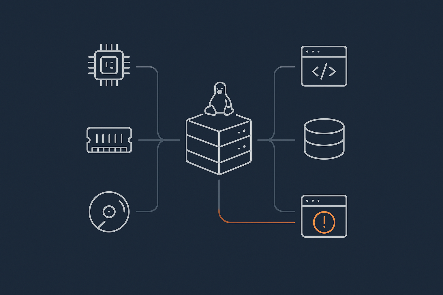 A simple diagram showing a Linux VPS with layers for OS metrics, services and website uptime, with small icons for CPU, RAM, disk, web server and an external browser check.