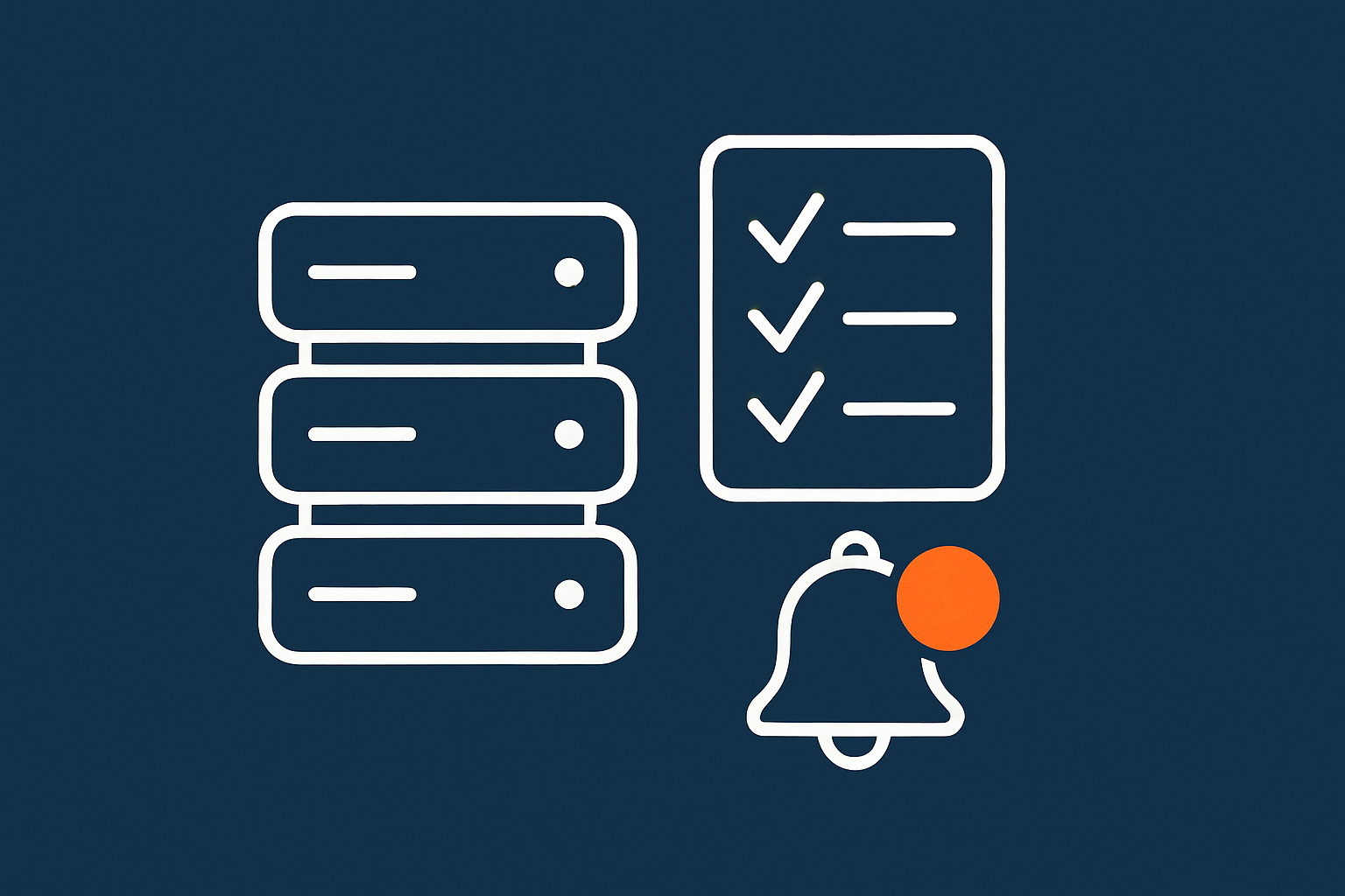 An abstract representation of a short monitoring playbook: a checklist next to a server and alert bell, suggesting a simple documented response plan.