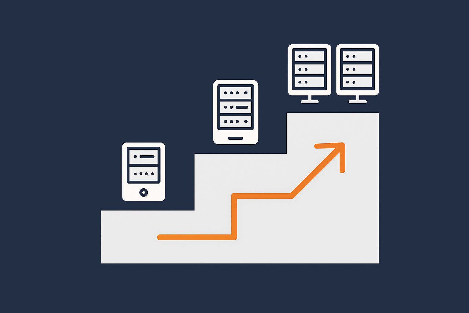 A simple layered ladder or staircase diagram that shows the progression from a single server, to redundant servers in one data centre, to multi‑site hosting, highlighting that each step adds cost and complexity as well as resilience.