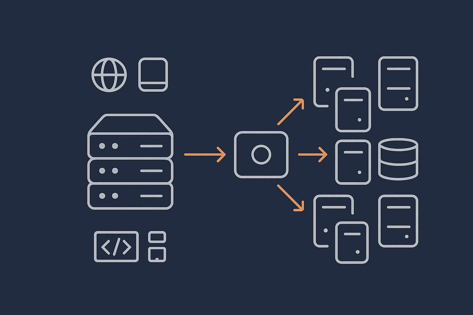 A side by side, high level sketch showing a simple single server handling all roles next to a multi server layout with separate web nodes, database and load balancer, to visually anchor the basic difference.