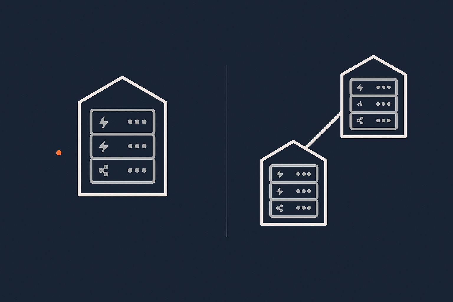 A side‑by‑side, simple diagram showing a single data centre hosting stack on one side and a dual‑data‑centre setup on the other, highlighting that both can have internal redundancy but only one has geographic separation.