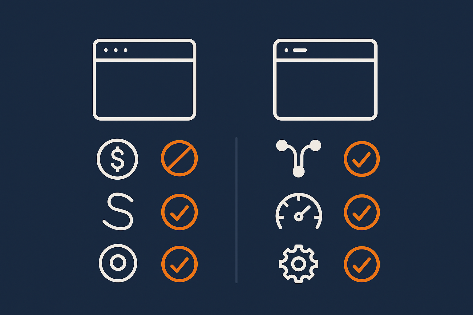 A clean, minimal comparison visual that shows Squarespace and WordPress as two columns, with abstract icons representing key factors like cost, flexibility, performance and control.