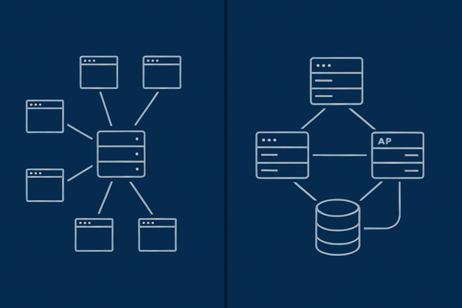 Side‑by‑side abstract diagrams comparing a single‑server architecture with a simple multi‑server layout, helping readers picture how components can be split out over time.