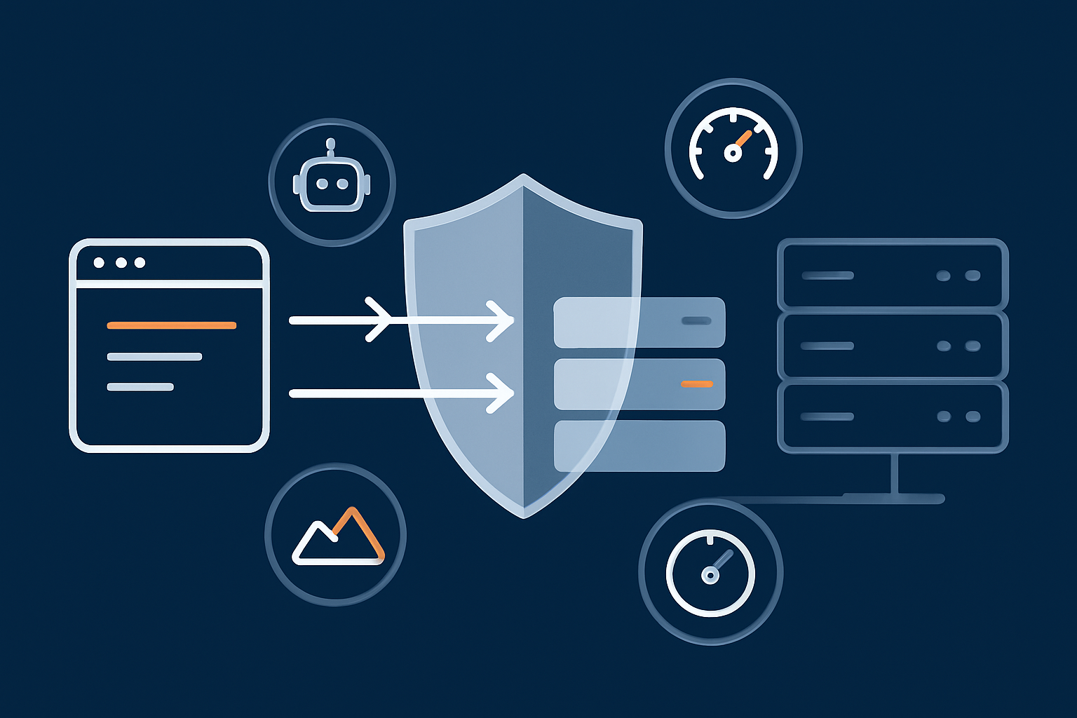 A layered diagram showing a visitor’s browser hitting an acceleration layer (caching, bot filtering, image optimisation) before traffic reaches the origin server.