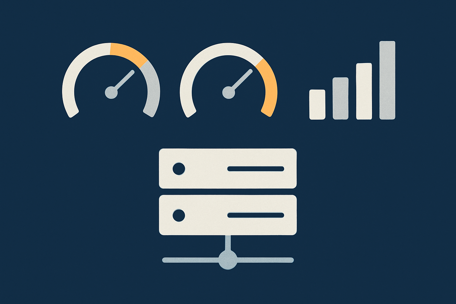 A calm, stable performance dashboard metaphor that conveys steady uptime and resource usage after migrating off shared hosting.
