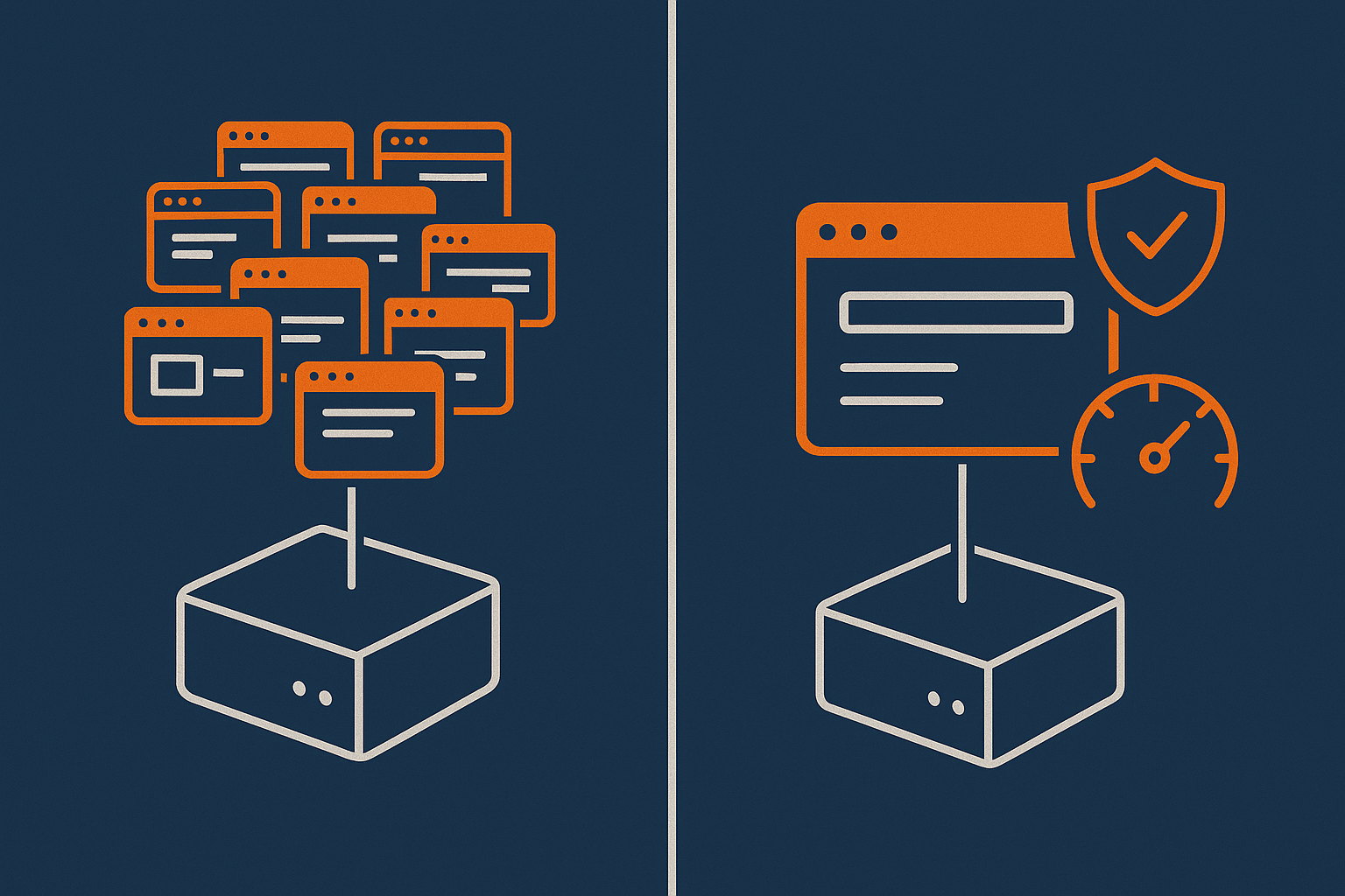 A simple diagram showing many small WordPress sites sharing one crowded server on one side, and a single WordPress site on a managed or virtual dedicated environment with dedicated resources and protection layers on the other.