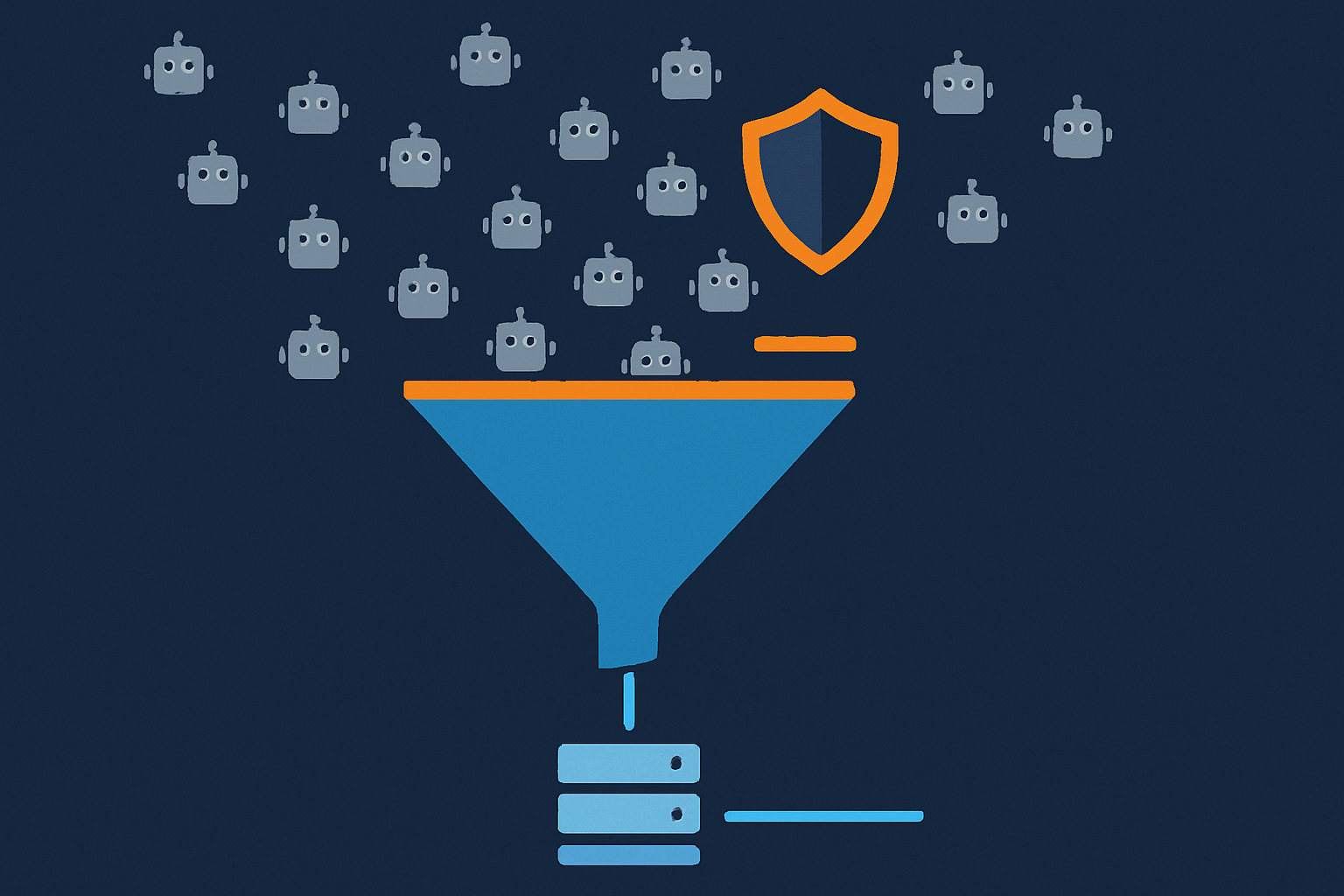 A conceptual diagram showing large volumes of grey bot traffic being filtered at the network edge so that only a smaller stream of legitimate requests reaches the WooCommerce server.