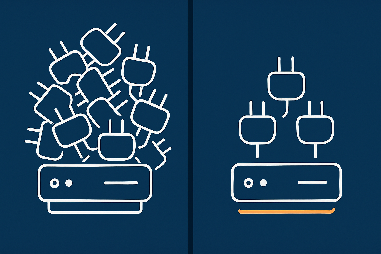 An abstract comparison of a bloated WooCommerce stack with many heavy plugins versus a lean, optimised stack with fewer, lighter components.