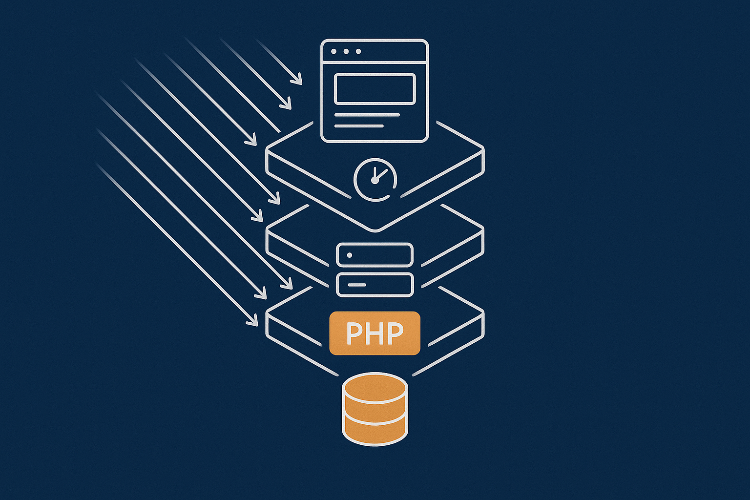 A layered illustration of what happens on the server when multiple users hit a WooCommerce landing page at once: web server, PHP workers, database and background tasks.