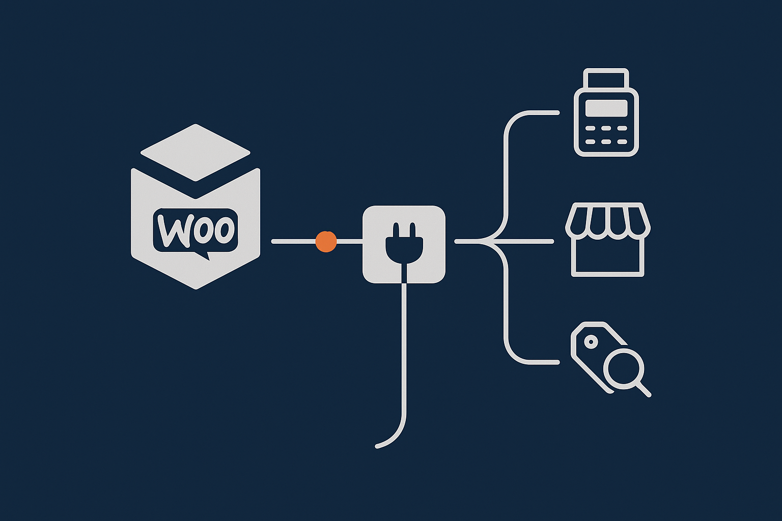 A simple flow diagram that shows how data moves between WooCommerce, the feed / stock plugin, and external systems such as EPOS or marketplaces, highlighting where hosting and cron sit in the path.