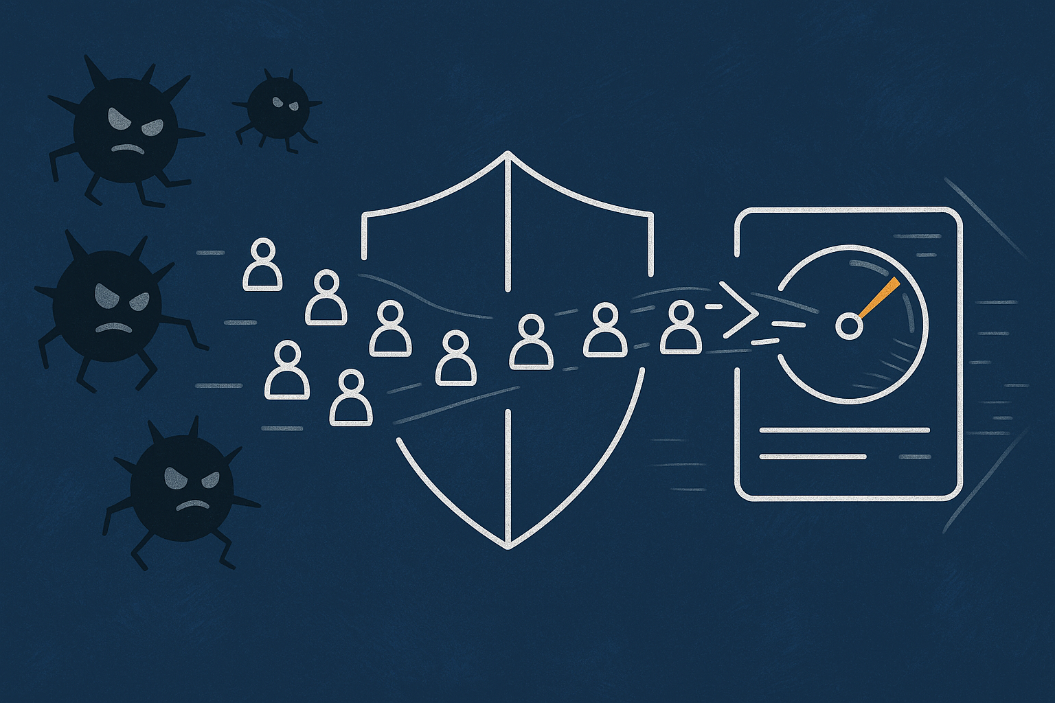 A conceptual image showing legitimate visitors being served quickly from cache while abusive bots are filtered away before they reach the server, to illustrate the value of bot protection alongside caching.
