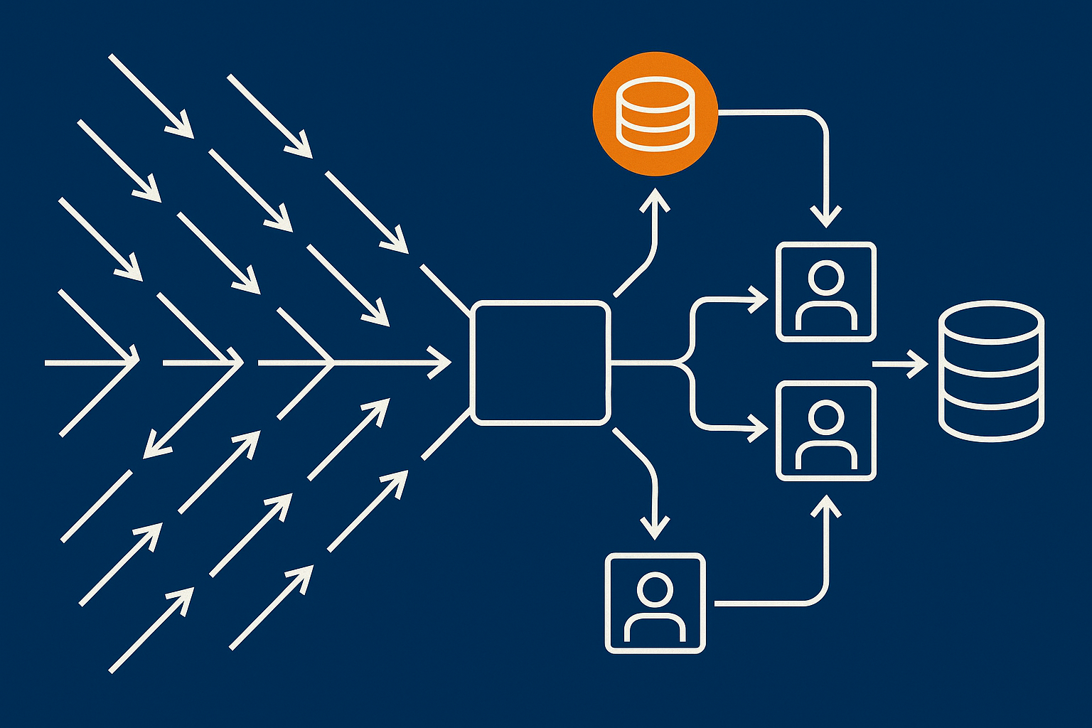 A visual explaining how Nginx passes dynamic requests to PHP-FPM workers, showing a queue of requests, a limited number of workers and how caching reduces the number of dynamic requests hitting PHP-FPM.