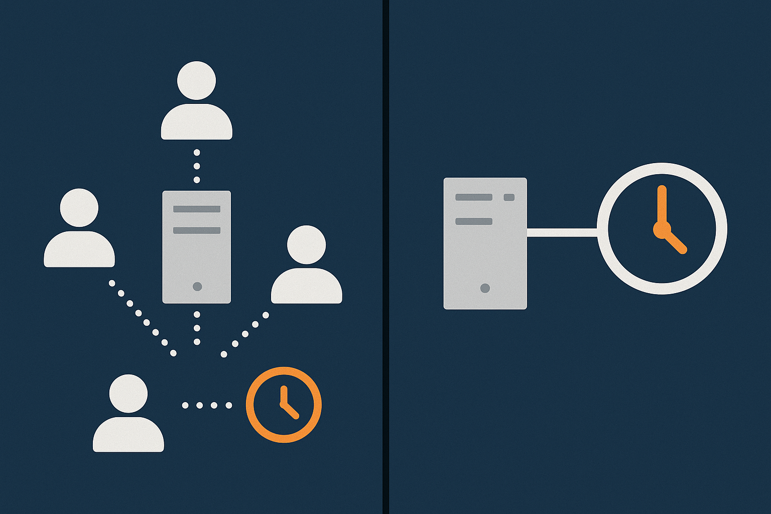 A side‑by‑side conceptual comparison of the default wp-cron triggered by visitors versus a reliable system cron triggering the site on a fixed schedule.