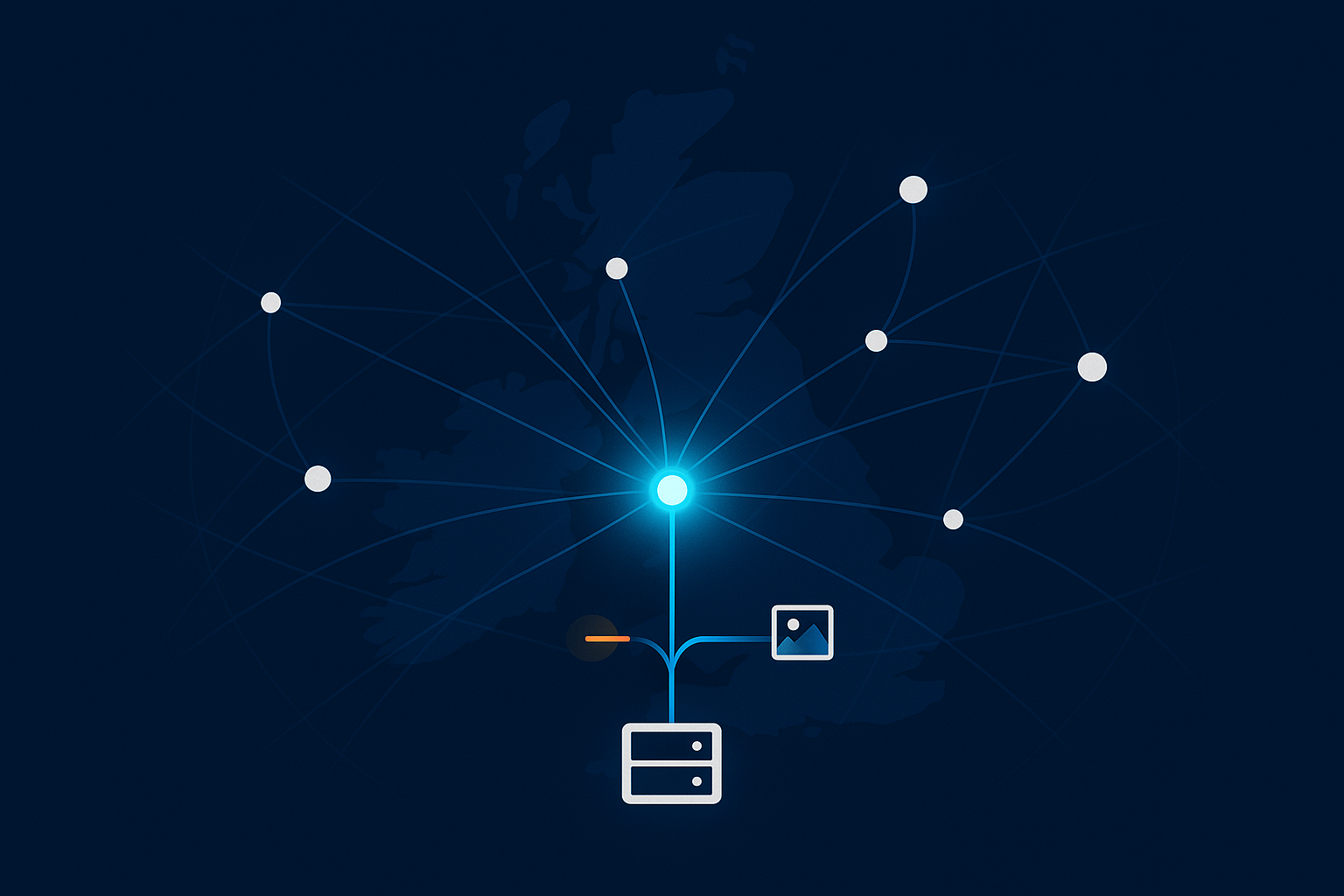An abstract network diagram showing visitors across the UK hitting an acceleration layer that handles caching, bot filtering and image optimisation before reaching the origin server.