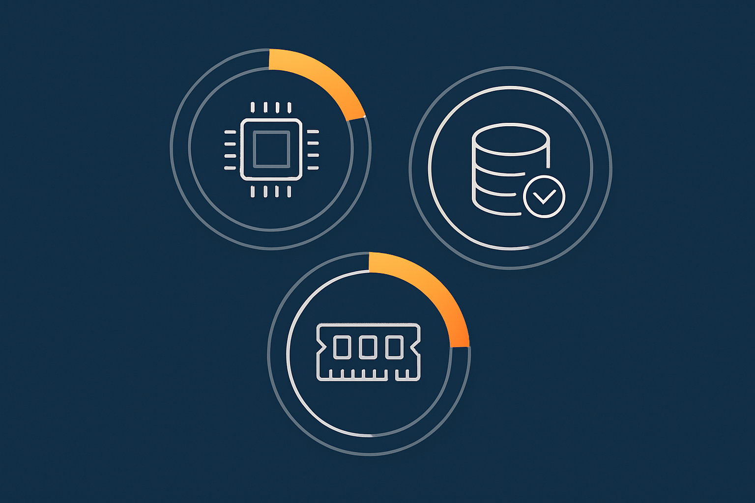 Visual metaphor of gauges or dials for CPU, RAM and cache hit rate to show when object caching is under‑ or over‑configured on a single server.