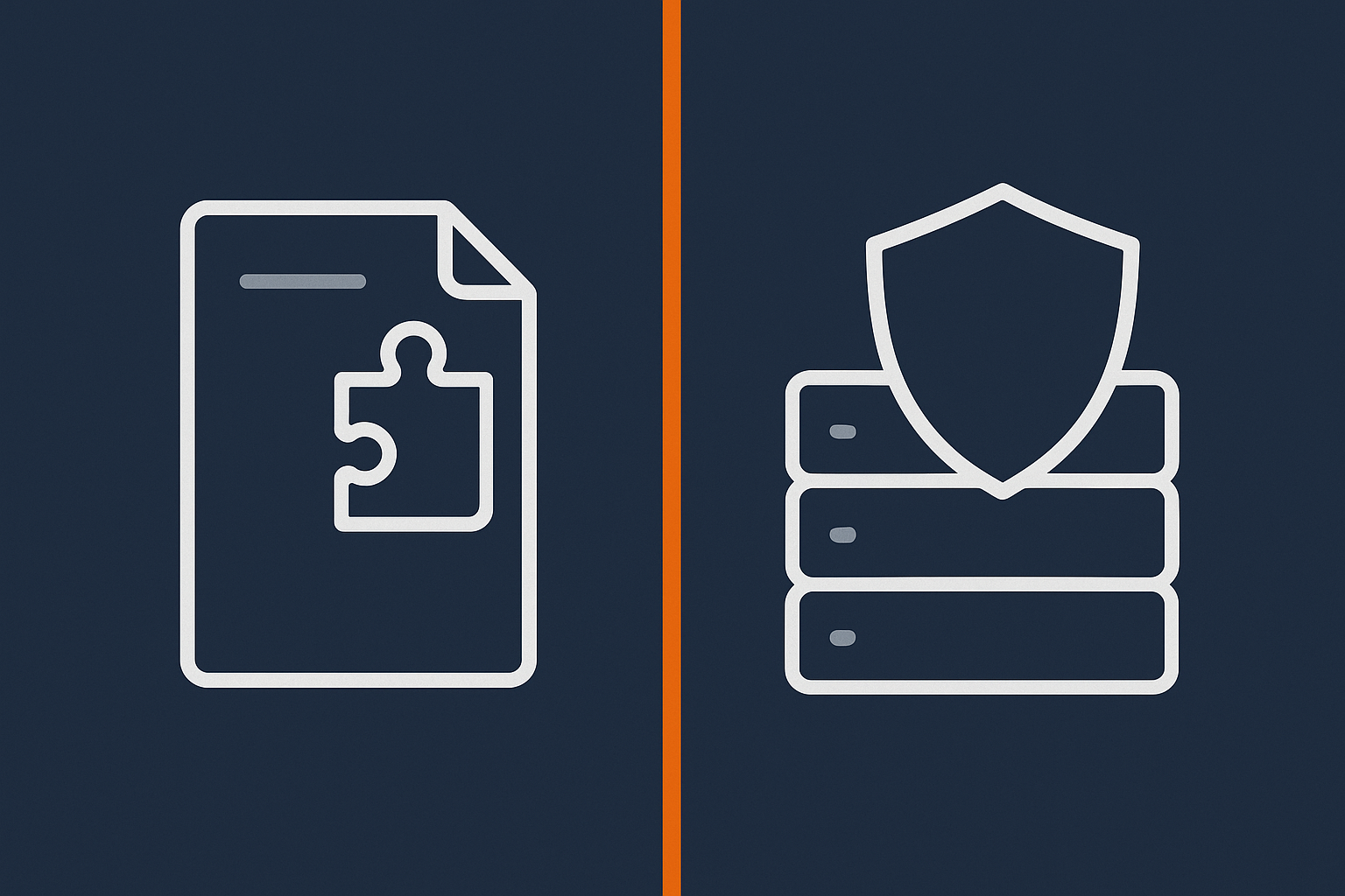 A balanced visual comparing two columns or blocks representing plugin‑level and server‑level security, highlighting how each covers different parts of the overall protection.